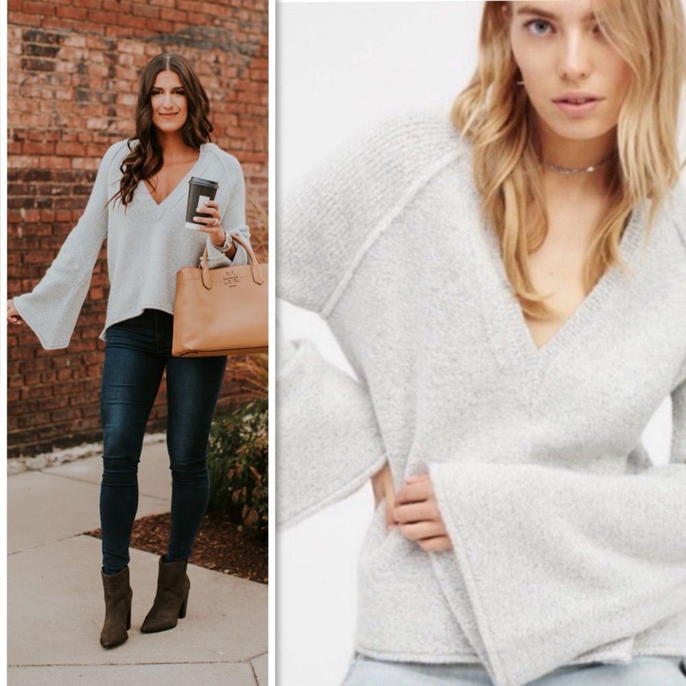 Free People Lovely Lines Bohemian Long Bell Sleeve Sweater in Gray Size M